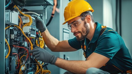 An electrician troubleshooting electrical panels with tools, wearing safety gear, focused on wiring connections and systems.