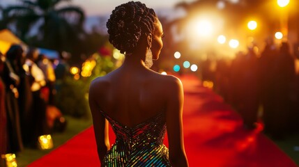Elegance on the Red Carpet: Ugandan Celebrity in High-Fashion Dress Under Glamorous Lighting