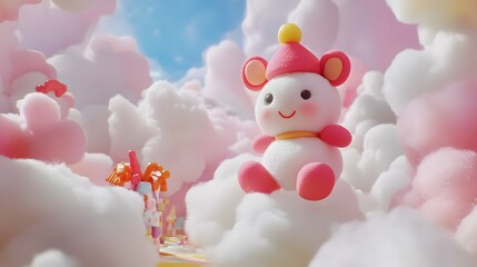 Sunwukong toy floating in a magical world with streets made of clouds and cotton candy