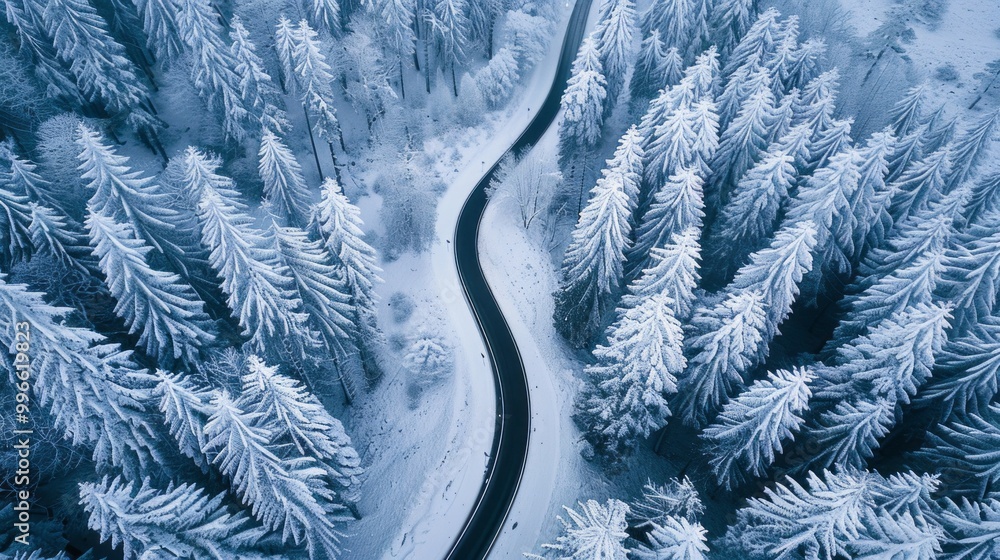 Poster a snowy road with trees in the background