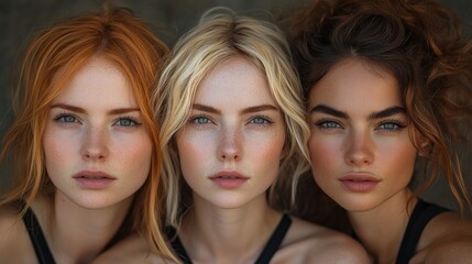 Fototapeta premium Three Beautiful Women with Different Hair Colors Looking at the Camera