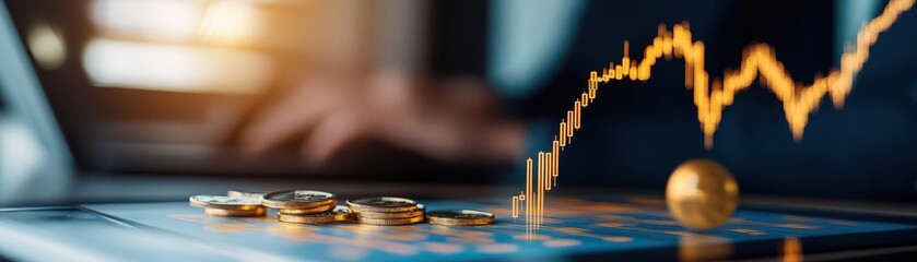 Closeup of gold coin with rising stock market chart in background
