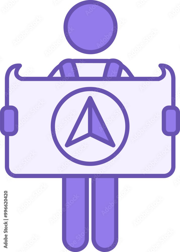 Poster orientation color icon. vector icon. man looking at map with geolocation. adventure and camping conc