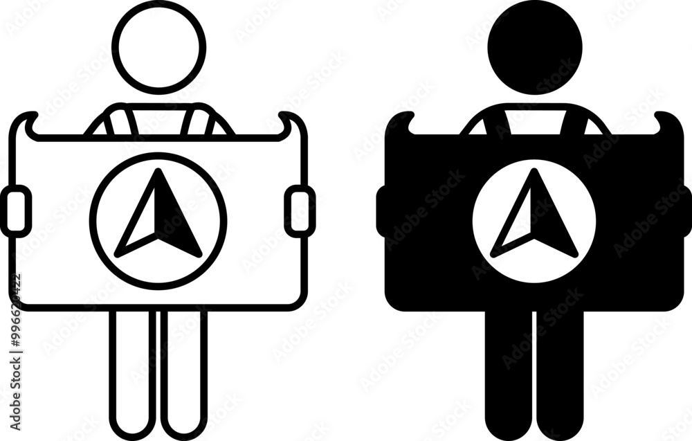Poster orientation icons. black and white vector icons. man looking at map with geolocation. adventure and 