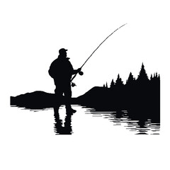 Fisherman with Fishing Pole Silhouette Isolated on White Background – Vector Art