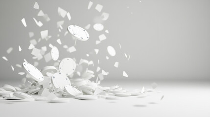 White poker chips appear to explode and scatter into fragments against a grey background, creating a dynamic and chaotic scene.