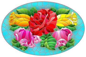 Illustration in stained glass style with a bright red rose flowers on a blue background, oval image