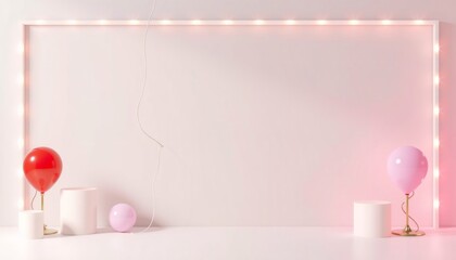 Minimalist pink and red balloon light decor with white podiums.
