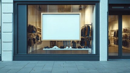A blank hanging sign is featured in front of a contemporary shoe shop, displaying a range of fashionable footwear and accessories inside the store