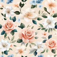 Beautiful floral pattern featuring colorful roses and delicate blossoms on a soft beige background, perfect for design projects.