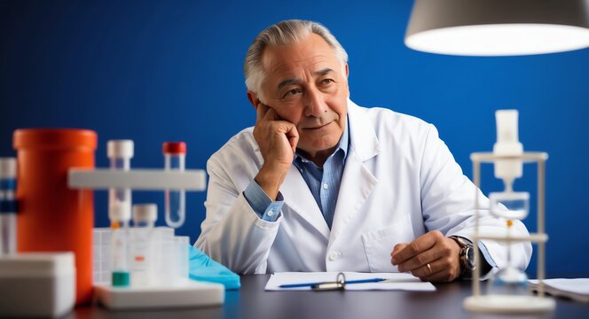 Thoughtful elderly Hispanic scientist in a lab coat pondering over research against a blue background