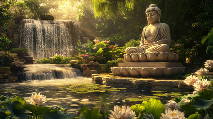 Serene Buddha by Waterfall: A tranquil scene of enlightenment with a Buddha statue overlooking a cascading waterfall surrounded by lotus flowers.	