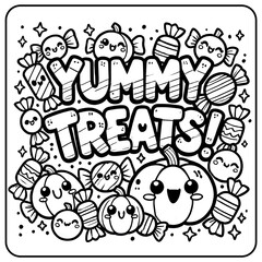 Obraz premium Yummy Treats Halloween coloring page with cute kawaii candies and pumpkins, black and white doodle illustration, Funny Children Art, Cozy Activity, Printable Sheet