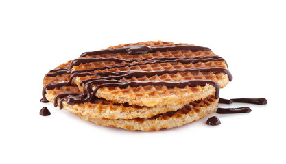 Delicious waffles with melted chocolate isolated on white