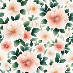 Beautiful floral pattern featuring soft pink flowers and lush green leaves, perfect for various design projects.