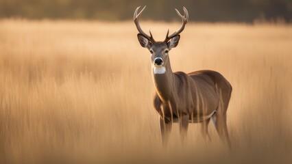 A brown deer stands alert in a field of tall grass under an overcast sky.