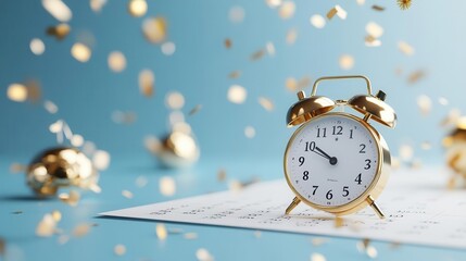 Gold alarm clock on a calendar with confetti falling, symbolizing time and celebration.