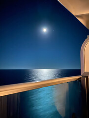 The Full Moon shines over the ocean from a cruise ship balcony