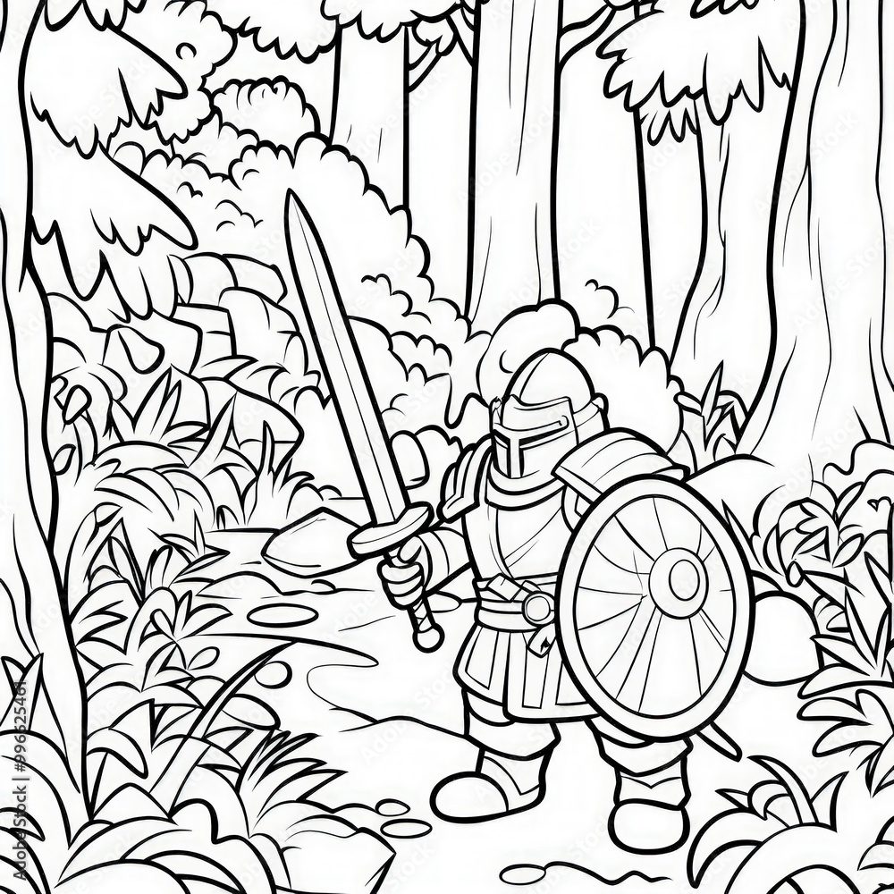 Wall mural a brave knight on a quest, coloring page for kids, simple outline illustration. coloring book, simpl