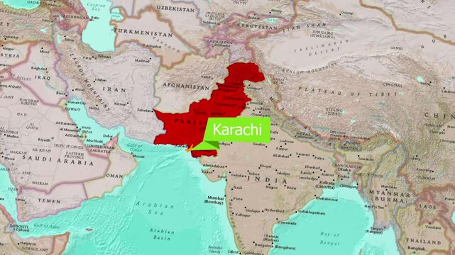 Highlight the important city of Karachi on the map of Pakistan.