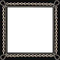 Square frame with different size gold chains on black in realistic style. Isolated watercolor illustration for scarf design, magazines, web pages, jewelry blogs, fairs and sales