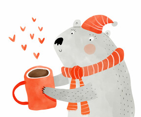 Cute Bear Holding Big Mug of Coffee. Coffee Steaming With Red Hearts. Gray Hand-painted Teddy Bear Wearing Red Woolen Hat and Scarf. Lovely Nursery Art with Bear Drinking Hot Coffee. Winter Time. 