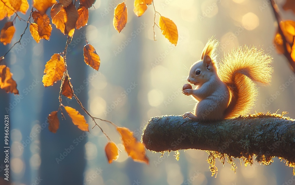 Poster a squirrel gathering acorns on a tree branch during autumn in a forest filled with colorful leaves a