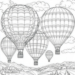 Naklejka premium A colorful hot air balloon festival, coloring page for kids, simple outline illustration. Coloring book, simple lines.