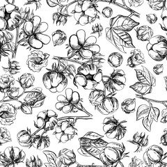 The cotton is organic. Seamless black and white pattern, graphic vector illustrations in the form of cotton boxes, leaves and flowers. On a white background. For packaging, textiles, labels, printing.