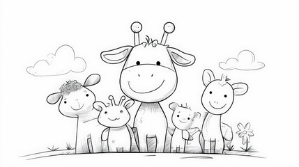 Obraz premium A cute, hand-drawn illustration features a happy family of giraffes standing together on a grassy field under a bright sky with two clouds.