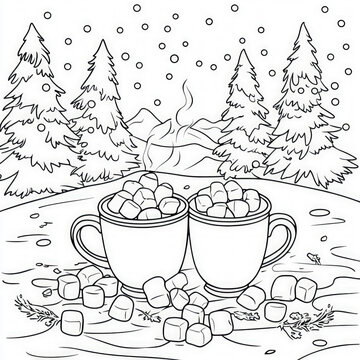 A cozy winter scene with hot cocoa and marshmallows, coloring page for kids, simple outline illustration. Coloring book, simple lines.