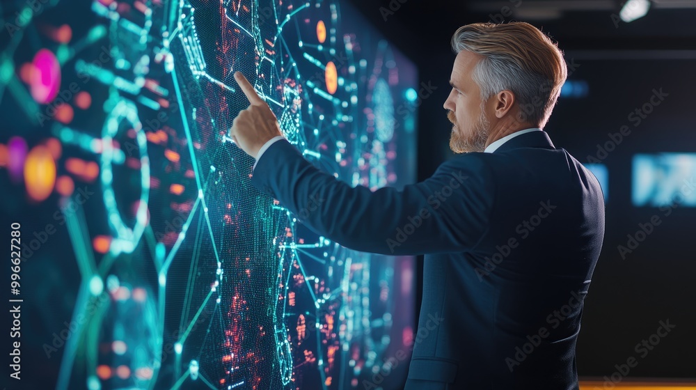 Poster businessman interacting with a digital interface, analyzing data through touch in a modern office en