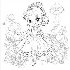 Fototapeta premium A fairytale princess exploring a enchanted forest, coloring page for kids, simple outline illustration. Coloring book, simple lines.