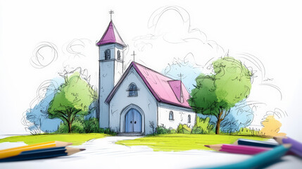 Naklejka premium A charming hand-drawn illustration of a cozy church surrounded by trees, showcasing vibrant colors with pencils in the foreground, hinting at the artist's tools.