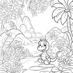 Fototapeta premium A friendly dinosaur playing in a prehistoric landscape, coloring page for kids, simple outline illustration. Coloring book, simple lines.
