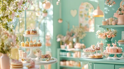 Naklejka premium Charming dessert table adorned with pastel treats and floral decorations, perfect for celebrations and special occasions.