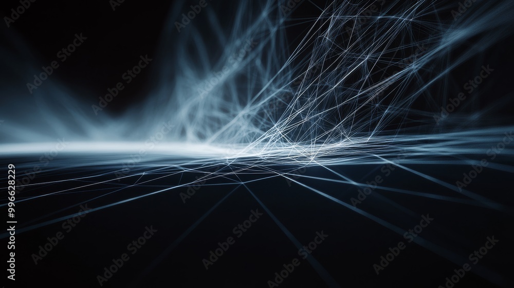 Poster interconnected light beams weave through space, forming intricate geometric shapes and an abstract p