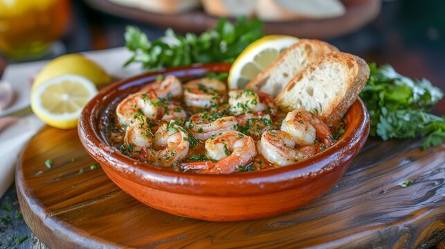 Gambas cocidas en una cazuela de barro, cubiertas con hierbas frescas y acompa&ntilde;adas de rebanadas de pan tostado. Un plato perfecto para disfrutar con sabores frescos y mediterr&aacute;neos.