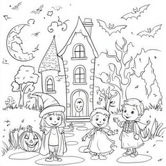 A Halloween scene with children in costumes, coloring page for kids, simple outline illustration. Coloring book, simple lines.