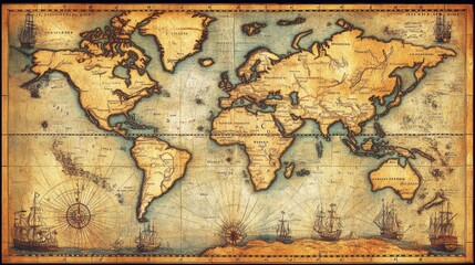 Fototapeta premium Vintage World Map with Ships and Compass Rose.