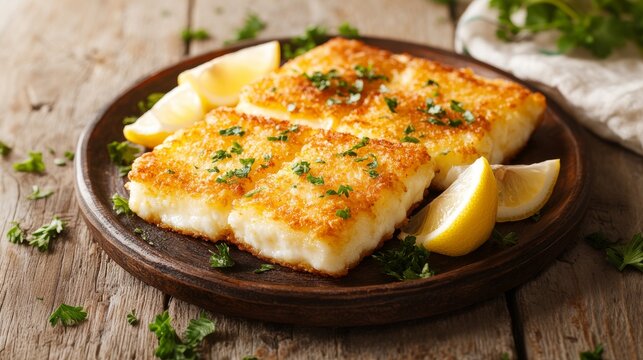 Crujiente filete de pescado frito, probablemente merluza o bacalao, servido con rodajas de lim&oacute;n fresco y espolvoreado con perejil. Un plato delicioso y ligero ideal como principal.