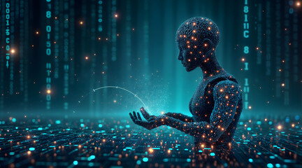 Obraz premium Digital human figure interacting with data streams in a futuristic environment