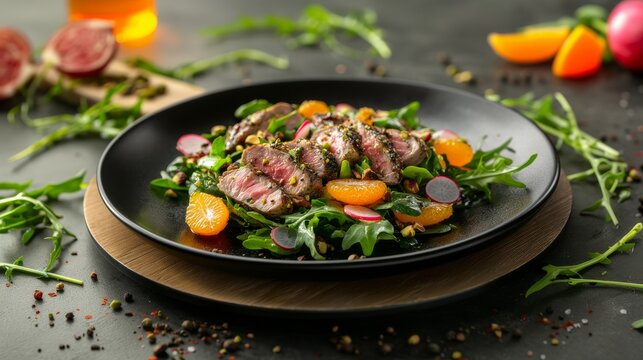 Colorido plato de ensalada con tiernas tiras de pechuga de pato, mandarinas frescas y hojas verdes. Un plato elegante y equilibrado, ideal para una comida ligera y sofisticada.