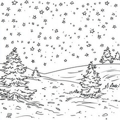 Fototapeta premium A peaceful snowy night with twinkling stars, coloring page for kids, simple outline illustration. Coloring book, simple lines.