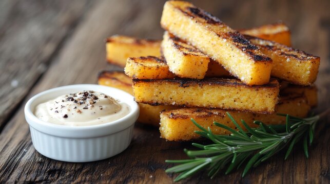 Crujientes palitos de polenta a la parrilla servidos con una cremosa salsa de mayonesa al lado. Decorados con una rama de romero, perfectos como aperitivo o acompa&ntilde;amiento.