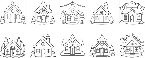 Christmas Snow Cartoon House Line Drawing