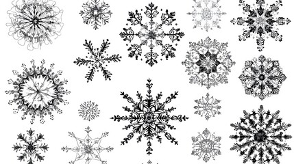 Black Snowflakes Icons on White Background, Abstract Image, Texture, Pattern Background, Wallpaper, Cover and Screen of Smartphone, PC, Laptop, 9:16 and 16:9 Format