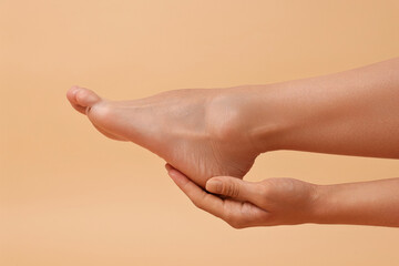 Woman touching her smooth feet on beige background, closeup