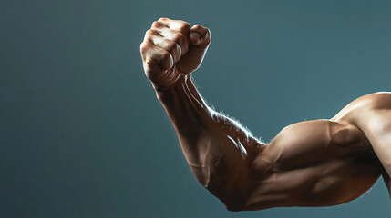 A man with exceptionally muscular arms, especially in the bicep area, flexing his arm to showcase his large muscles.