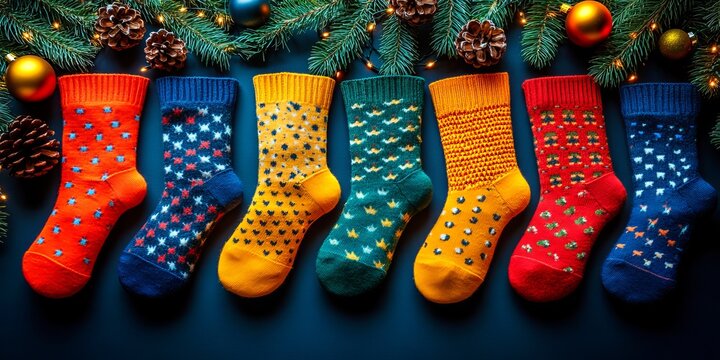A colorful display of festive socks laid out in a row, adorned with various patterns among Christmas decorations and pine branches.